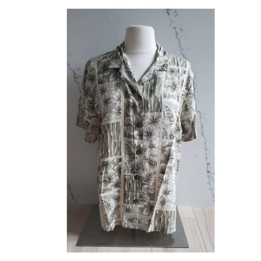 Teddi Shirt Womens Large Green Floral Button Up Tropical Aloha Vintage Blouse